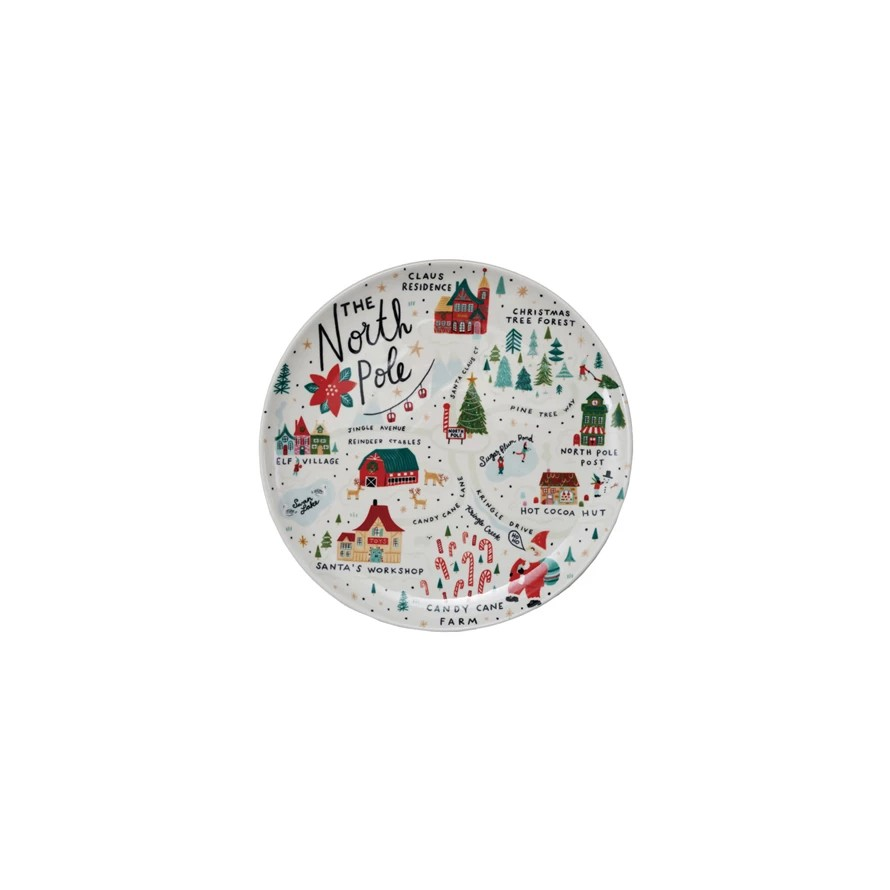North Pole Village Round Stoneware Plate