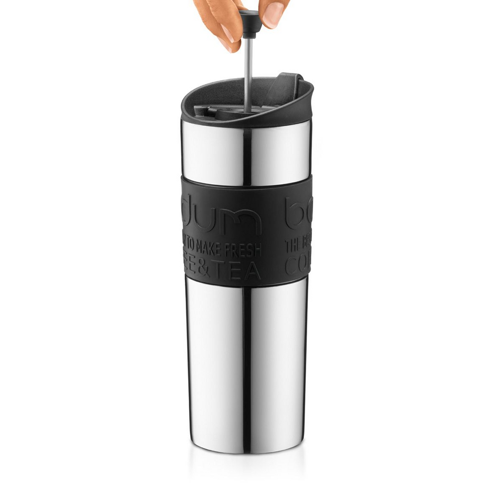 Bodum Travel Press, Stainless Steel Travel Coffee and Tea Press, 15 Ounce, .45 Liter, Black