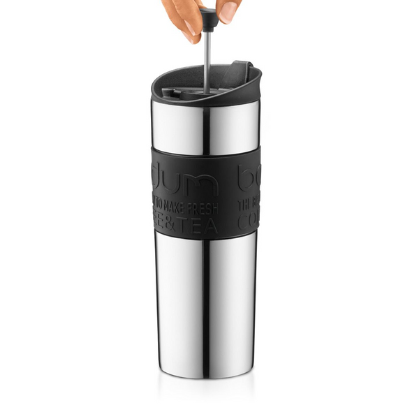 Bodum Travel Press, Stainless Steel Travel Coffee and Tea Press, 15 Ounce, .45 Liter, Black