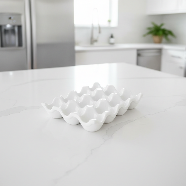 A white ceramic egg-shaped tray with wavy edges sits on a white marble kitchen island, with a softly blurred modern kitchen in the background.