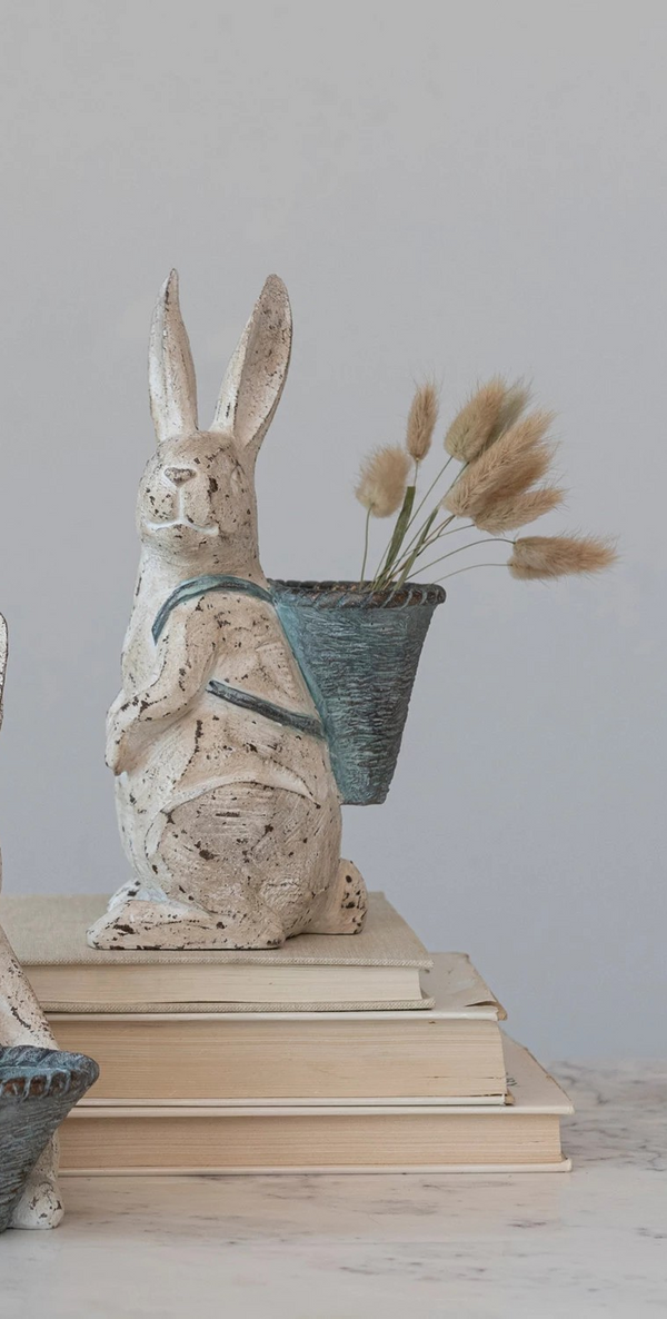 Resin Rabbit w/ Basket, Distressed Finish, Basket on Back