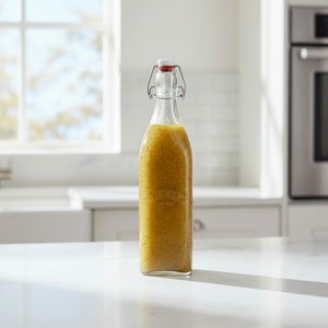 A clear glass swing-top bottle filled with a  dressing stands on a white kitchen countertop in a bright, modern kitchen.