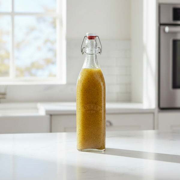 A clear glass swing-top bottle filled with a  dressing stands on a white kitchen countertop in a bright, modern kitchen.