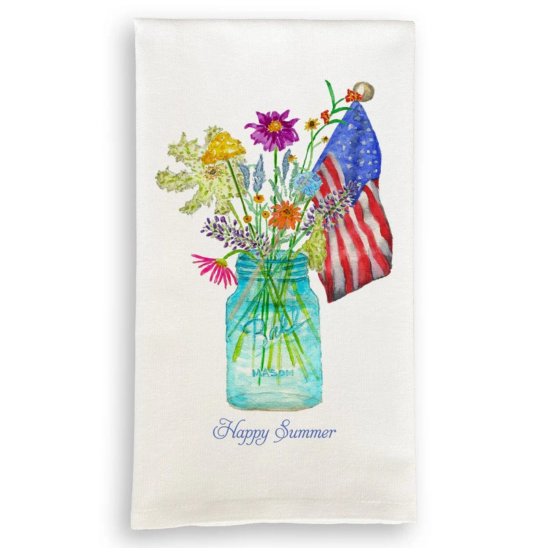 Wildflowers in Mason Jar With Flag Tea Towel