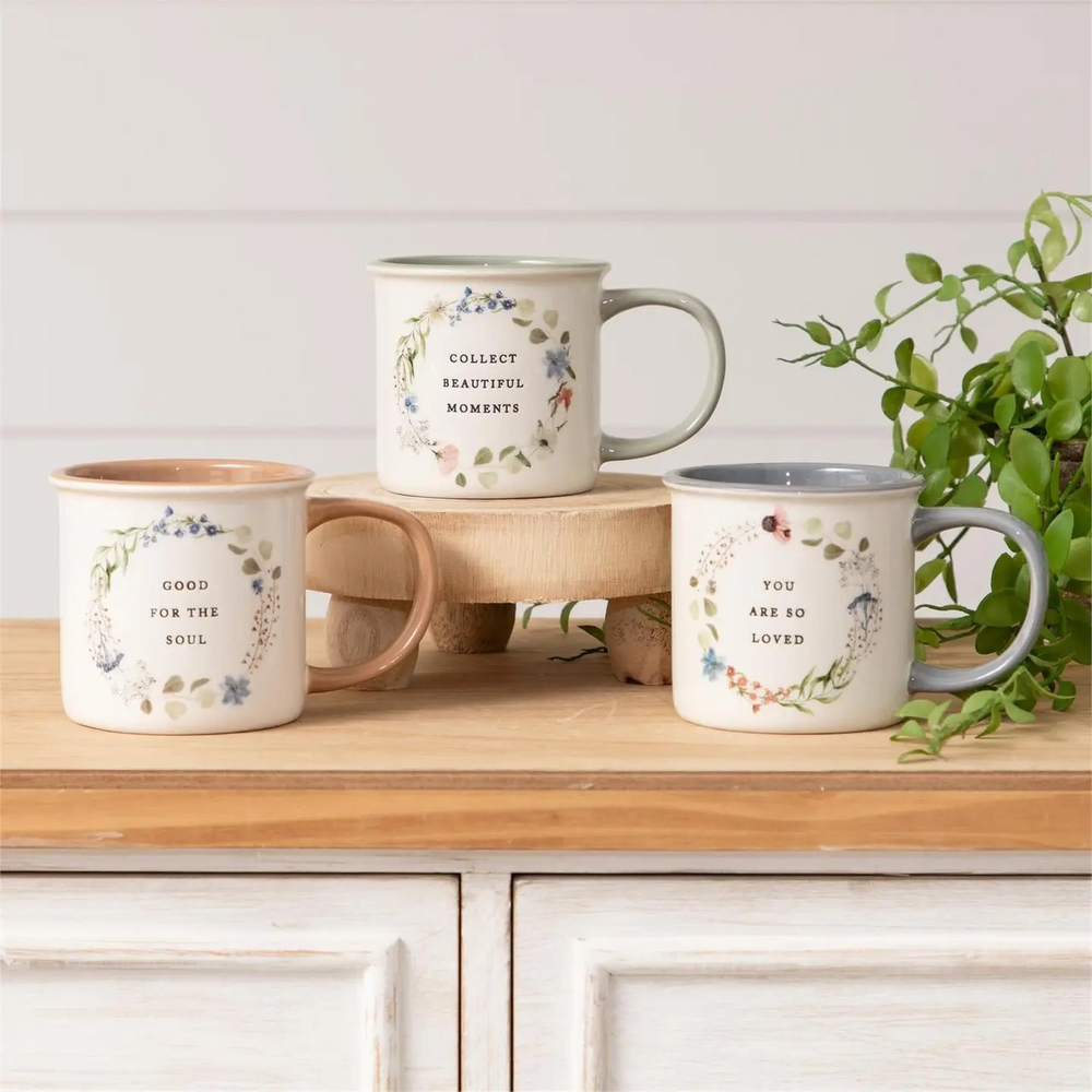 Mugs - Dried Floral Wreaths W/ Sayings Asst.