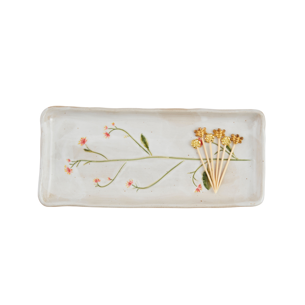 Pink Flower Tray And Toothpick Set