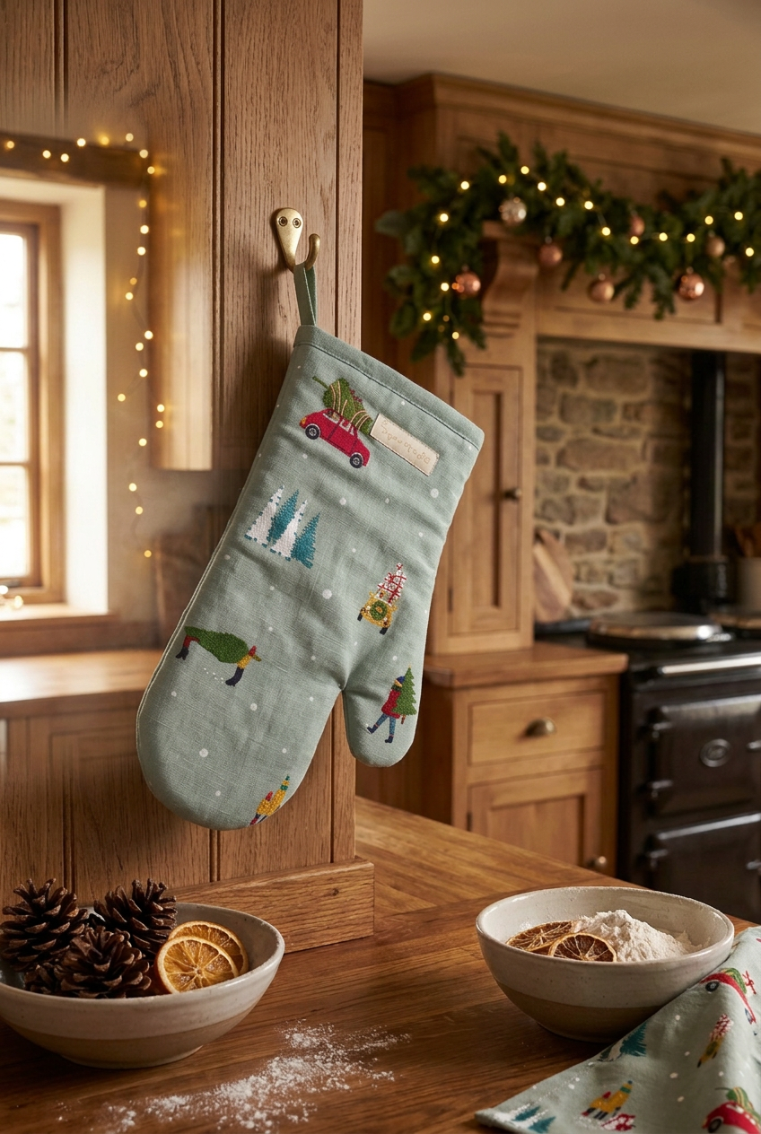 Winter blue cotton oven mitt printed with families carrying Christmas trees through falling snow among fir trees.Winter blue cotton oven mitt printed with families carrying Christmas trees through falling snow among fir trees.
