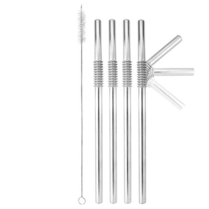 Turtleneck Reusable Bendable Metal Drinking Straws, Silver, Set of 4 Straws and 1 Cleaning Brush
