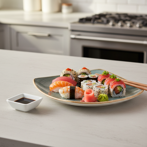 White ceramic bowl with soy sauce