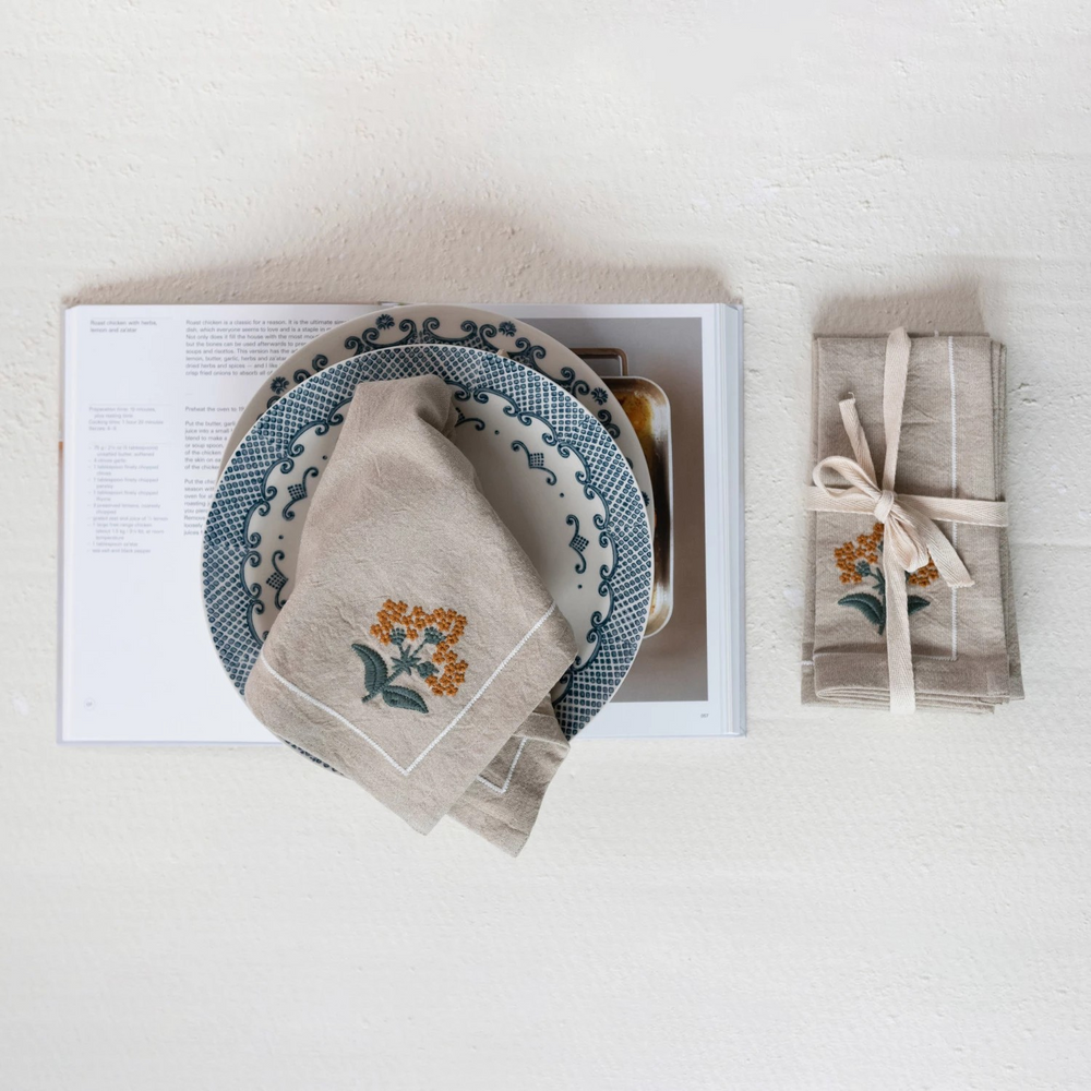 Cotton Napkins w/ Floral Embroidery & French Knots, Set of 4