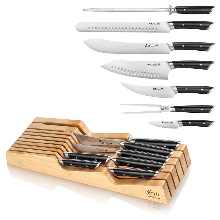Helena (Blk) 8-Piece In-Drawer BBQ Knife Set, Bamboo Tray