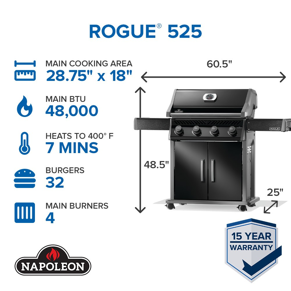 Napoleon Rogue 525 BLACK -SS Grates - Choose Propane or Natural Gas