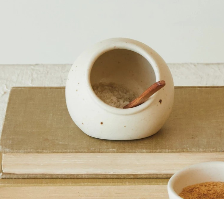 Stoneware Salt Cellar w/ Mango Wood Spoon
