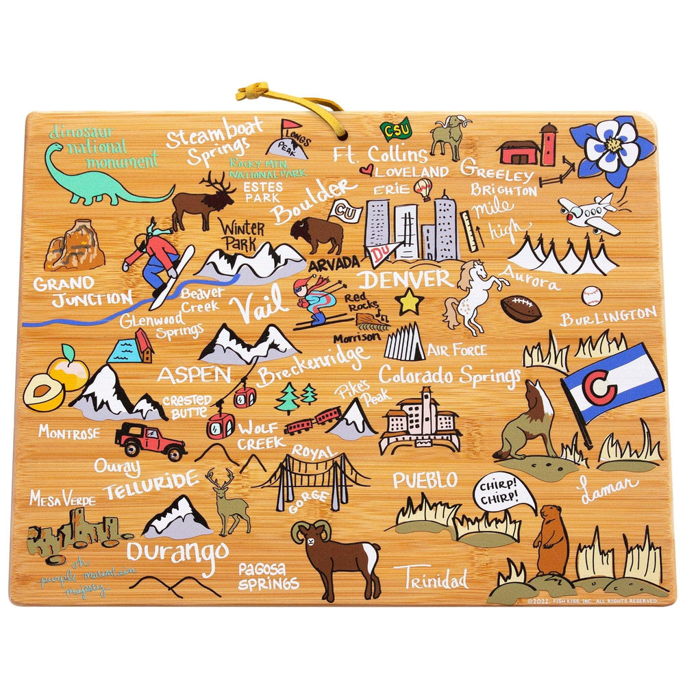 Totally Bamboo Colorado State Shaped Cutting Board and Charcuterie Serving Platter with Artwork by Fish Kiss