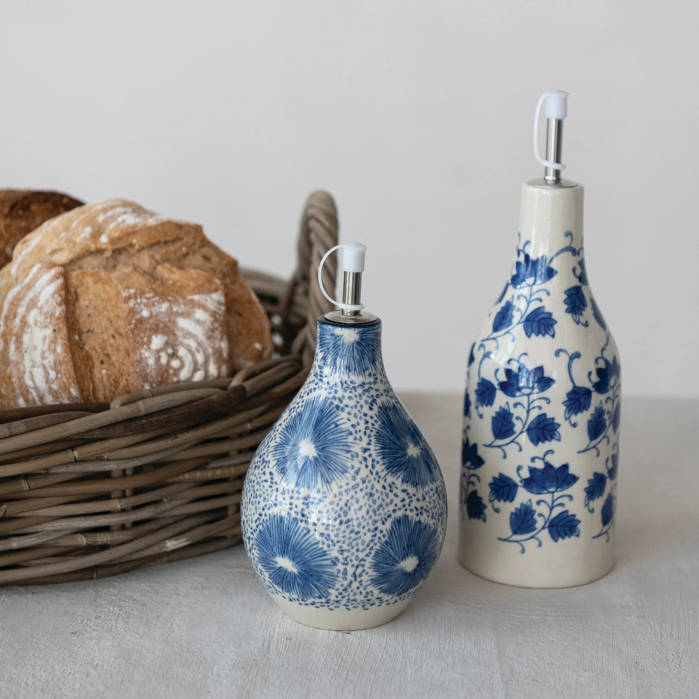 Stoneware Oil Cruet with Blue & White Floral Pattern - Choose from 2 Styles