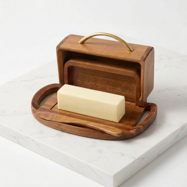 Acacia Wood Flip-Top Butter Dish with Spreader - Black Matte or Gold Finished Handle