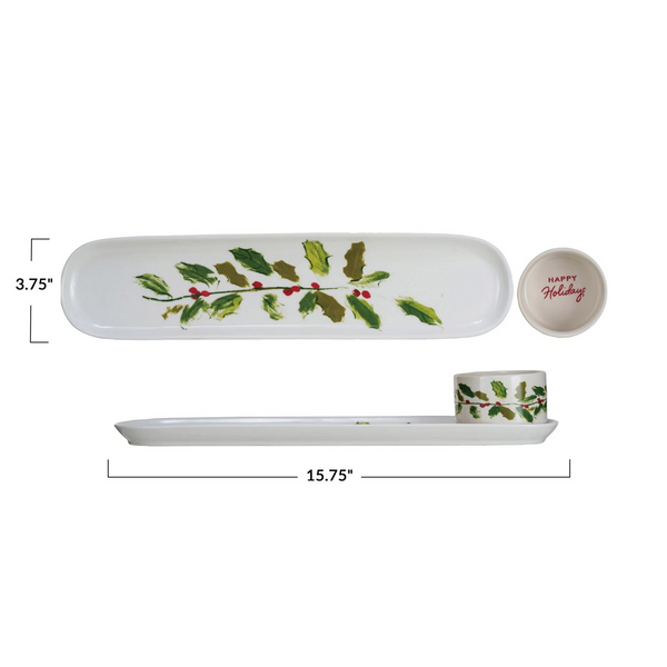 Stoneware Platter & Dish w/ Holly Leaves & Berries