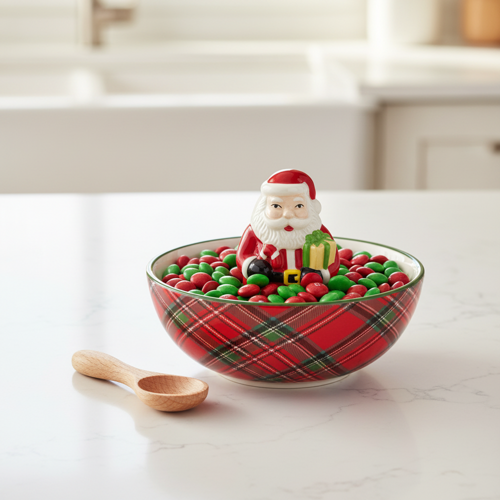 Holiday Tartan Candy Dish - Choose Either Santa or Snowman