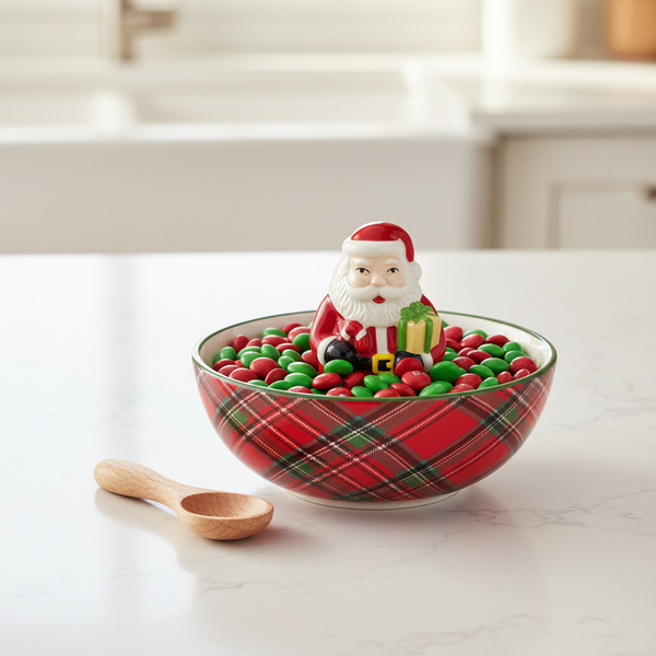 Holiday Tartan Candy Dish - Choose Either Santa or Snowman