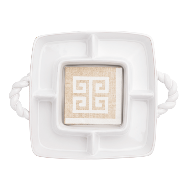 White ceramic dish with a cocktail napkin holder in the middle