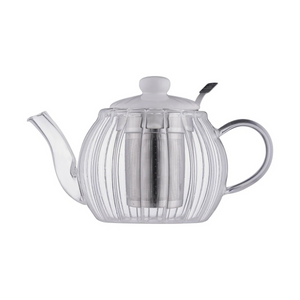 Clear ribbed glass teapot with a stainless steel infuser shown on a plain white background.