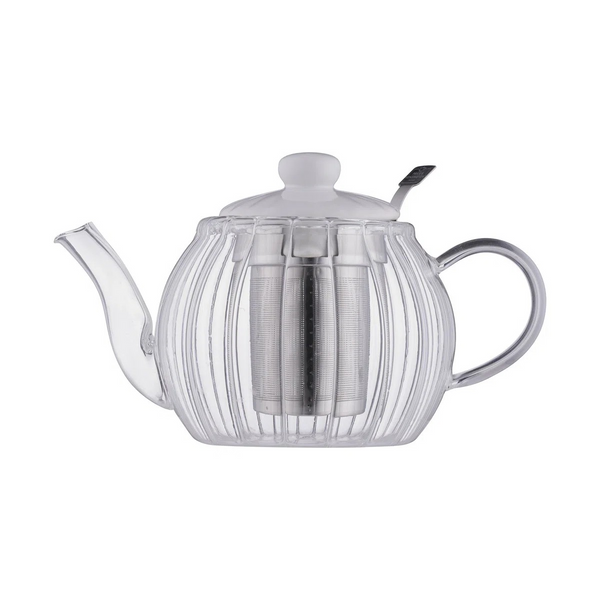 Clear ribbed glass teapot with a stainless steel infuser shown on a plain white background.