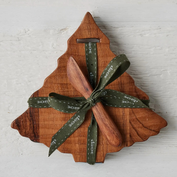 Tree-shaped acacia wood mini serving board with a matching wooden spreader, tied with a green ribbon.