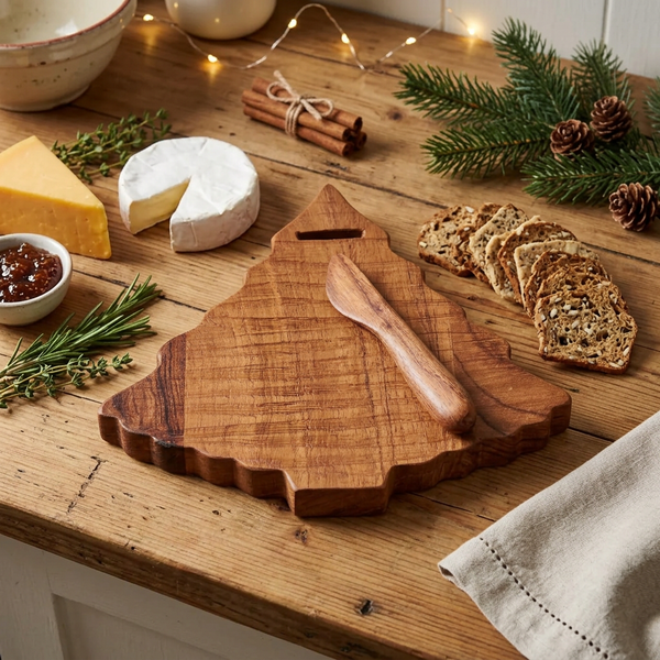 Acacia Wood Christmas Tree Cheese Board Set