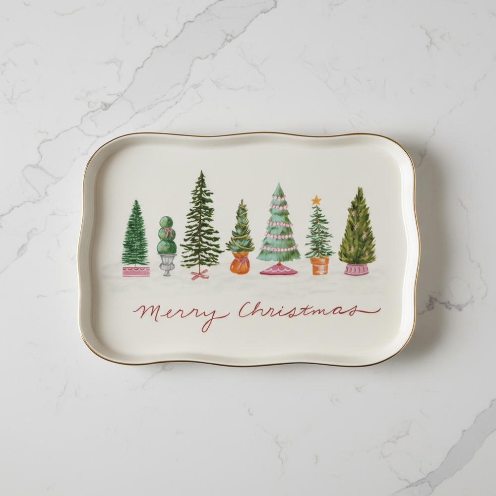 Merry Christmas Platter with 7 christmas trees on it