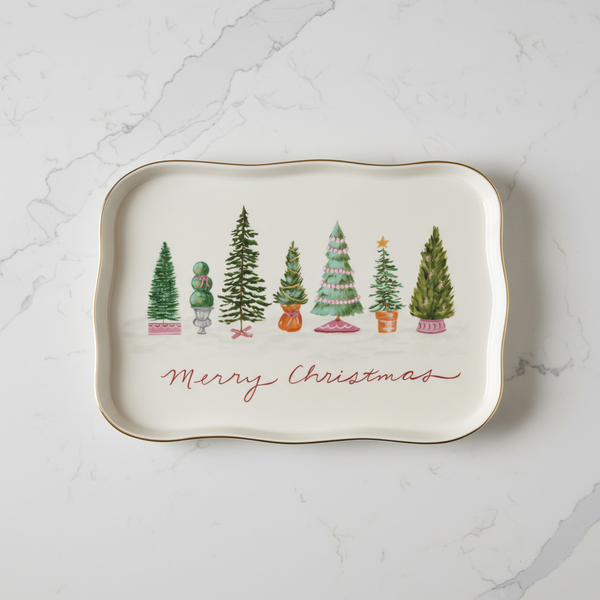 Merry Christmas Platter with 7 christmas trees on it
