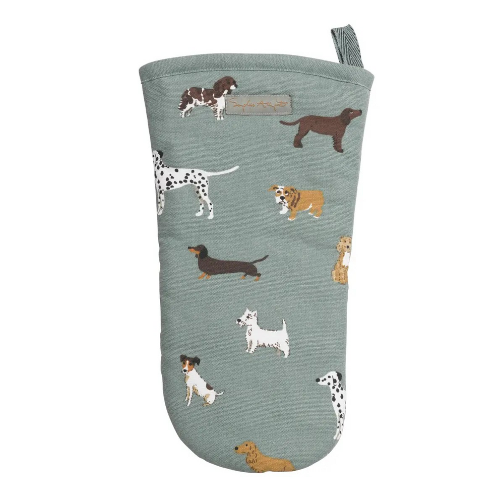 A light sage green oven mitt featuring a repeating pattern of embroidered bumblebees, shown against a plain white background.