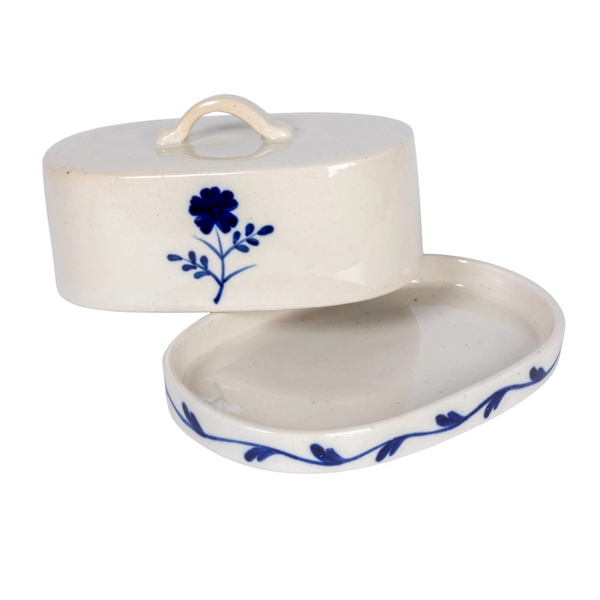 Hand-Painted Stoneware Butter Dish with Flower