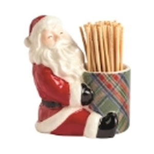 Hand-painted stoneware snowman in a black top hat and striped scarf beside a red tartan cup filled with toothpicks.