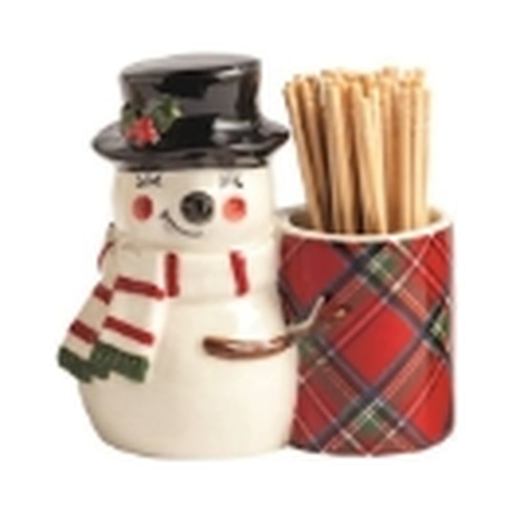 Hand-painted stoneware snowman in a black top hat and striped scarf beside a red tartan cup filled with toothpicks.