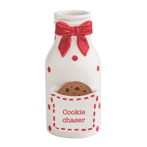 Decorative milk bottle with a red bow and cookie in a pocket labeled 'Cookie Chaser' on a white background