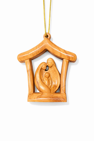 Olive Wood Holy Family Stable Ornament