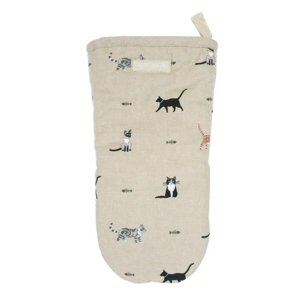 A beige oven mitt featuring a playful pattern of black, white, and orange cats, shown against a plain white background.