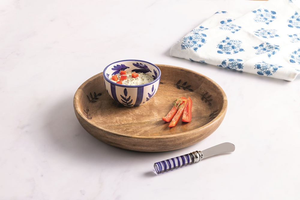 Wood Chip Bowl & Blue Floral Dip Set