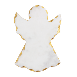 A white marble angel-shaped serving platter with a textured gold foil border, isolated on a white background.
