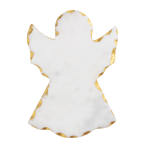 A white marble angel-shaped serving platter with a textured gold foil border, isolated on a white background.