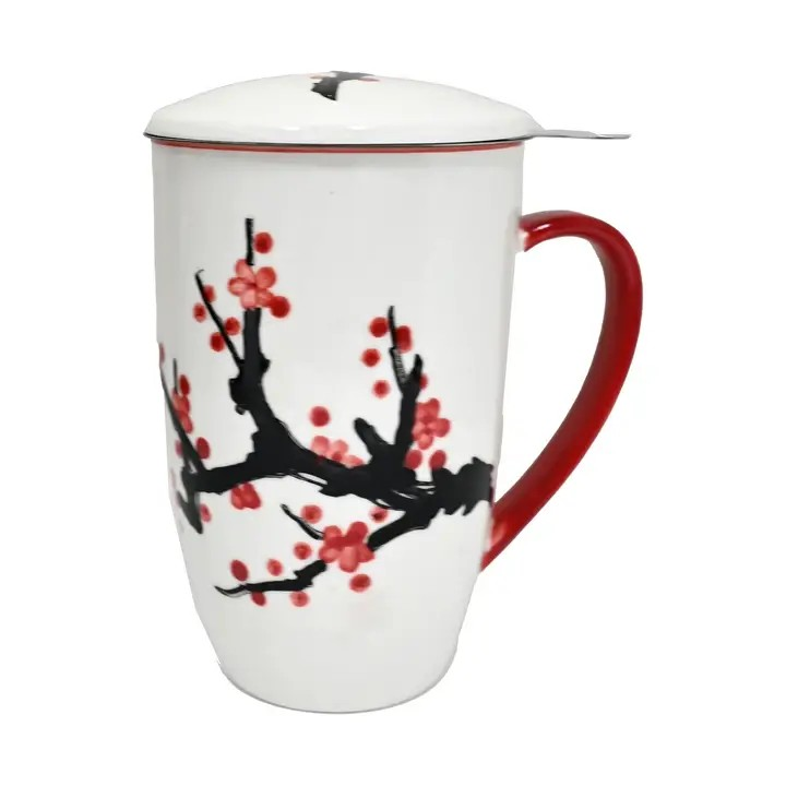 Sakura Cherry Blossoms Design Tea Mug with Lid and Infuser For Loose Leaf Tea
