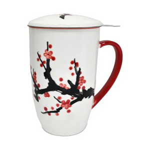 Sakura Cherry Blossoms Design Tea Mug with Lid and Infuser For Loose Leaf Tea