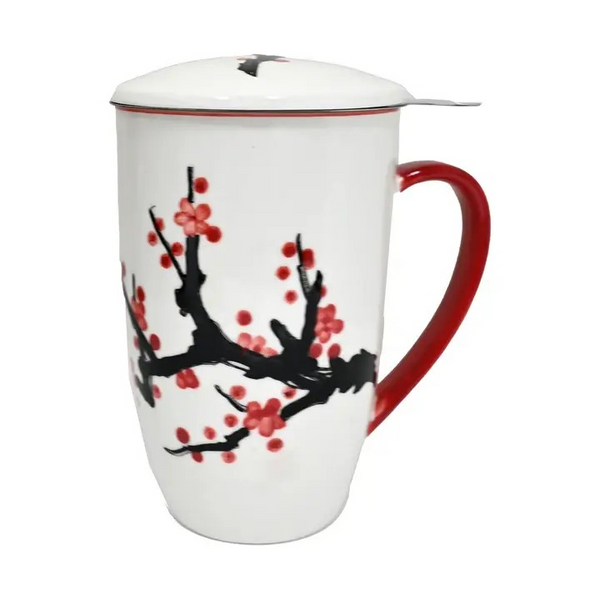Sakura Cherry Blossoms Design Tea Mug with Lid and Infuser For Loose Leaf Tea