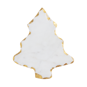 A Christmas tree-shaped serving platter made of white marble with a textured gold leaf border, shown on a solid white background.