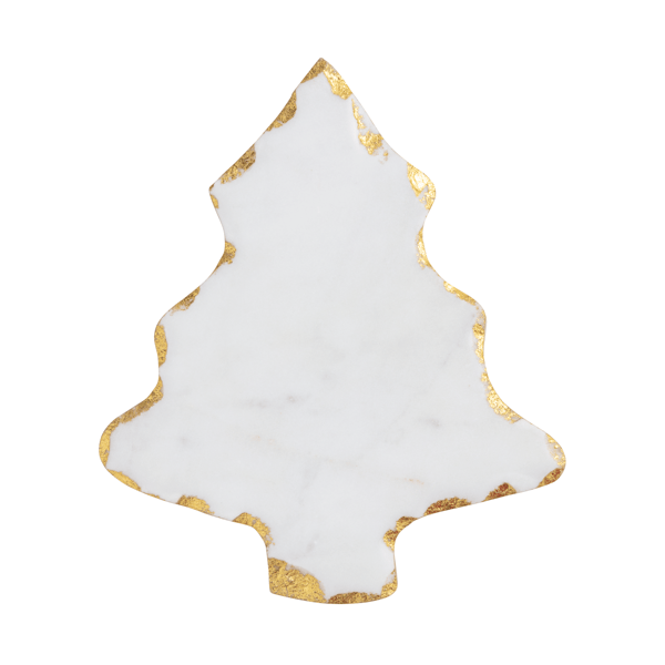 A Christmas tree-shaped serving platter made of white marble with a textured gold leaf border, shown on a solid white background.