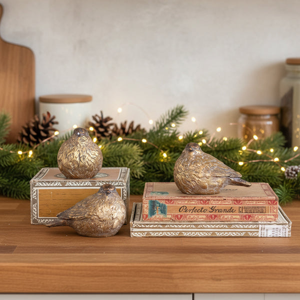 Three metallic gold bird figurines with textured feathers, styled on vintage books and a small decorative box against a light gray background.