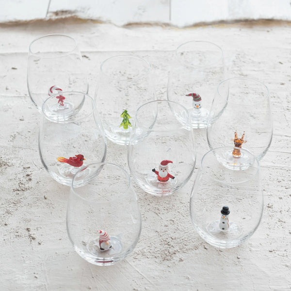 Holiday Glass Figure inside Stemless Wine Glass-8 Styles to Choose