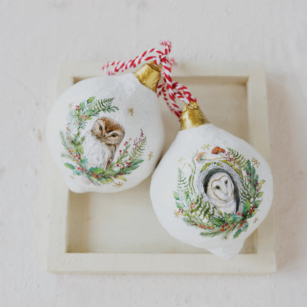 Woodland Owl Paper Mache Ornament-Choose from 2 Styles