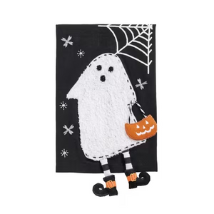 Halloween-themed decorative towel with a ghost design on a black background