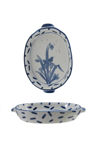 Stoneware Baker with Handles Blue and White Floral Design (3 Styles)